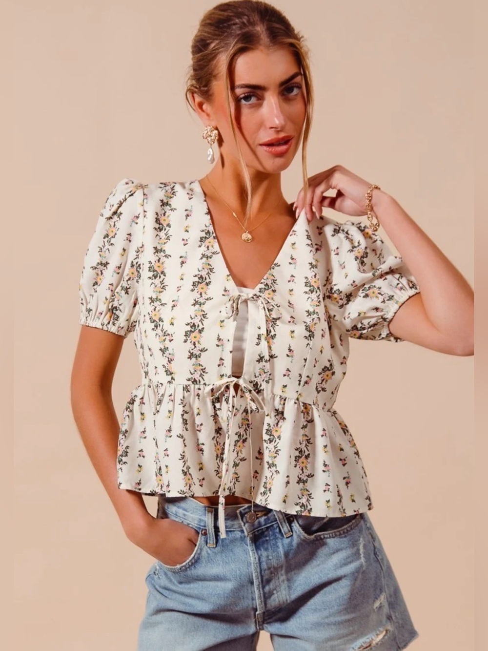 BP. Nordstrom, Ditsy Floral, Tie-Front, Peplum Blouse, Puff Sleeve,
